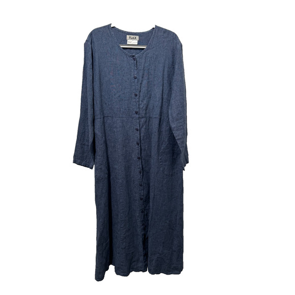 Long Denim LINEN FLAX Maxi Dress Button Down Front Size L Relaxed Excellent - Picture 1 of 8
